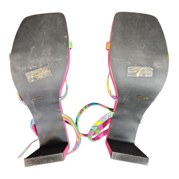 Bamboo Heels Swirl Print Open Toe Block Ankle Strap Sz 7.5 Party Shoes Used - Picture 7 of 13